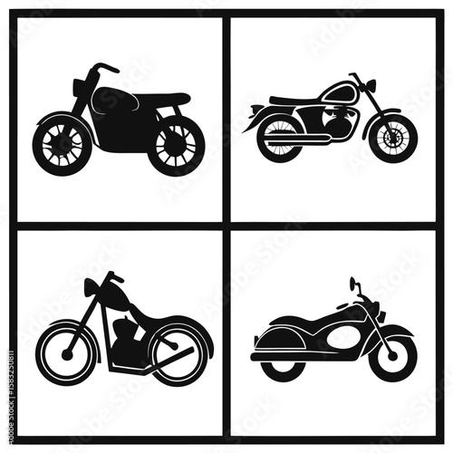 Set of motorcycle icons silhouettes featuring various bike illustration