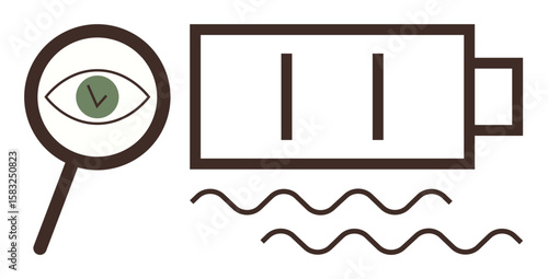 Magnifying glass with an eye examining battery icon next to energy waves. Ideal for energy monitoring, sustainability, diagnostics, optimization, research, environmental awareness, eco design. Simple