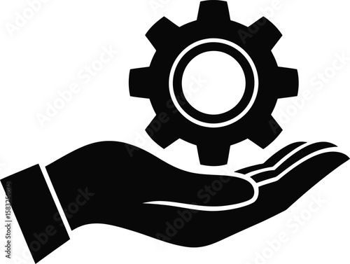Black and white illustration of a hand holding a gear symbolizing support maintenance engineering or a helping hand in technical or mechanical processes and solutions