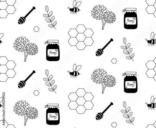 Cute bees, honey in jar, hive, honey spoon seamless pattern. Vector graphic line illustration. Silhouette sign for logo, print, comics, fashion, pop art, boards, design, stickers, decoration, posters
