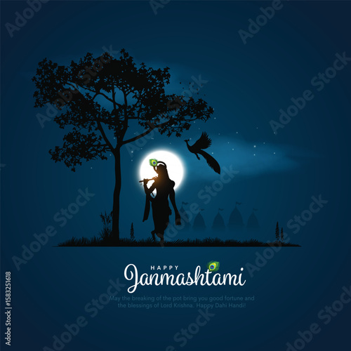 Indian dahi handi festival of Happy Janmashtami with lord Krishna silhouette. Creative Vector Illustration design