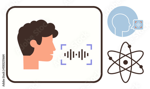Human profile speaking with soundwaves, head silhouette, and atomic model. Ideal for technology, AI, science, innovation, linguistics education communication. Clean simple flat metaphor