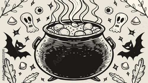 Illustration of a steaming cauldron surrounded by bats, ghosts, and halloween treats artfully drawn