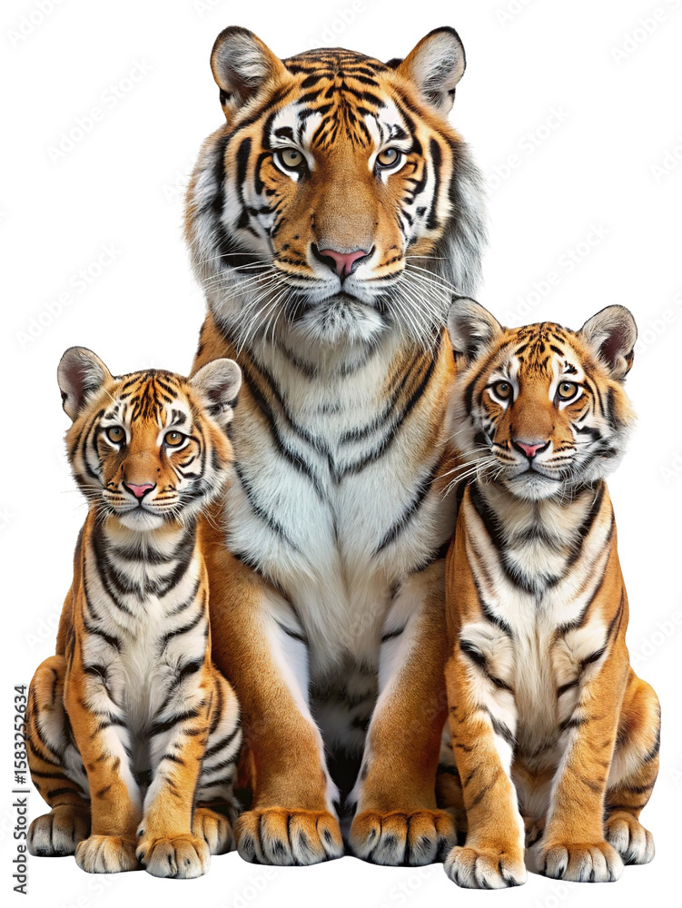 Obraz premium Majestic tiger family portrait featuring a large adult tiger sitting with two adorable cubs isolated on transparent background