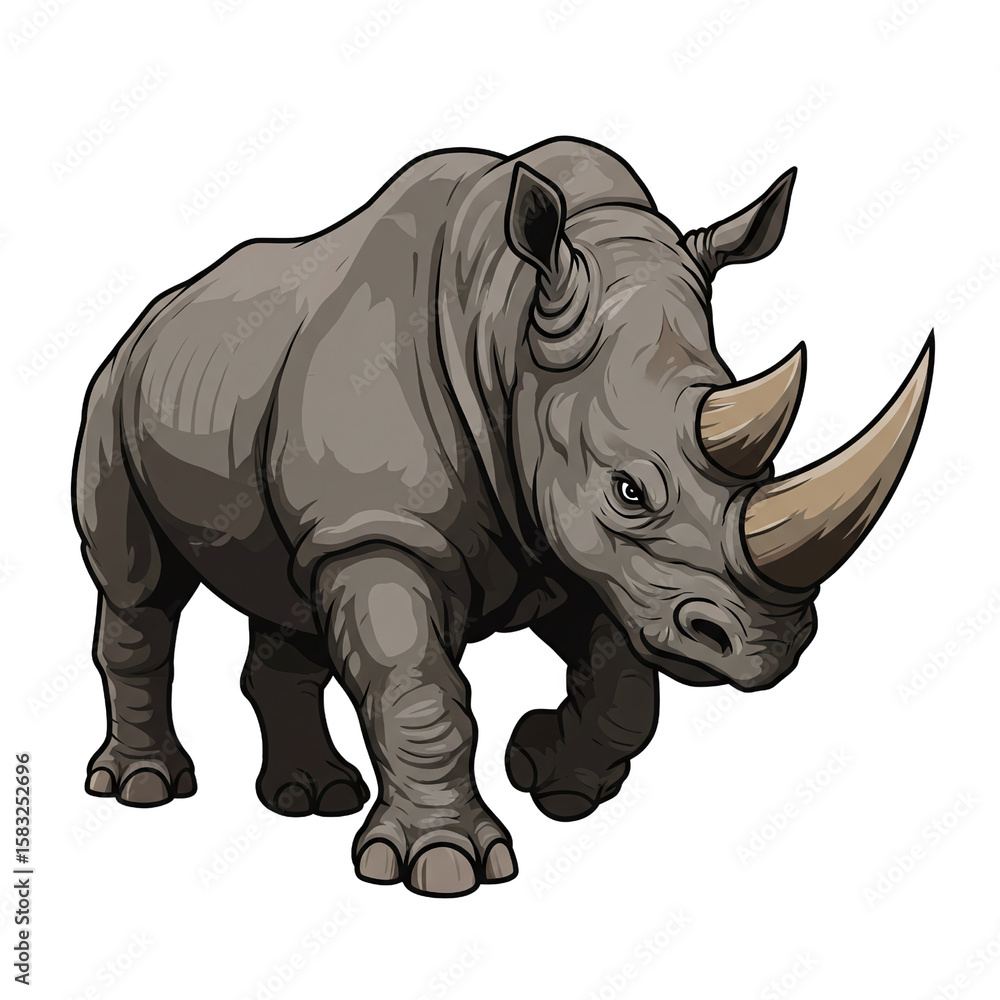 Fototapeta premium Gray Rhinoceros Illustration with Large Horns Standing in Neutral Setting