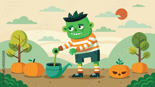 Green skinned character watering pumpkins in a field with trees and a sun in the background scene