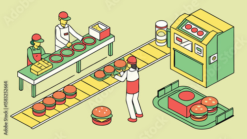 Isometric illustration depicting a burger assembly line with workers and machinery in a factory setting