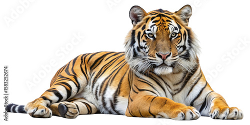 Majestic bengal tiger with striking orange fur and black stripes lying down peacefully isolated on transparent background