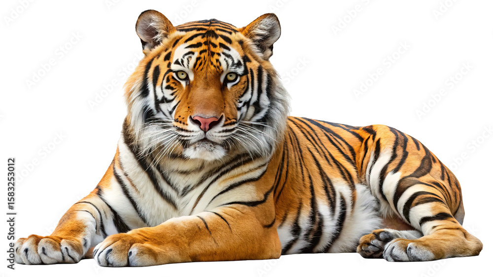 Obraz premium Majestic bengal tiger with striking orange and black stripes resting peacefully isolated on transparent background