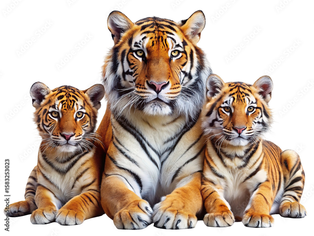 Obraz premium Majestic bengal tiger mother sits with her two adorable cubs showing their faces and paws isolated on transparent background