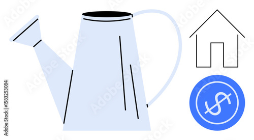 Metal watering can with spout surrounded by house outline and economic dollar icon. Ideal for growth, investment, real estate, home finance, agriculture, sustainability, investment planning. Simple