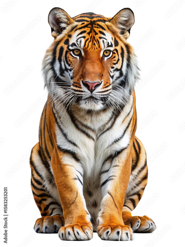 Obraz premium Majestic bengal tiger sitting proudly with intense gaze isolated on transparent background