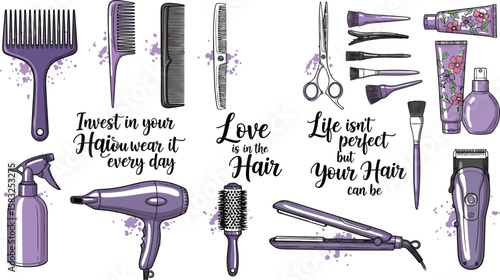 Stylized hairdressing tools and cosmetics presented with inspiring quotes