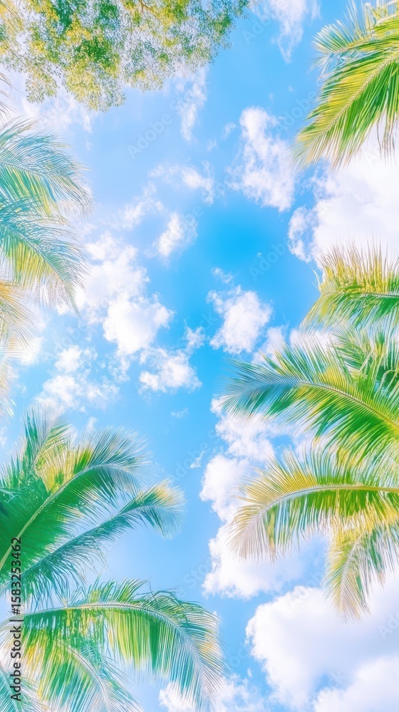 Fototapeta premium Palm trees and blue sky: Serene view looking up at the tropical palm trees, clouds dancing in the blue sky. the picture give feeling of relaxation and vacation, a sunny day, tropical summer.