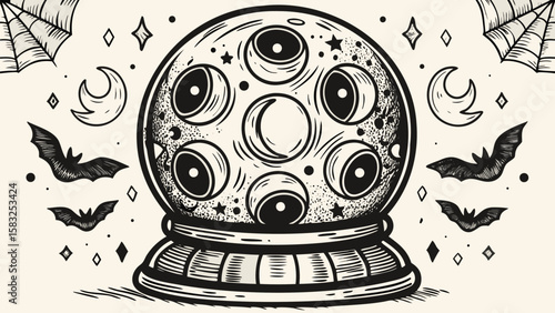 A crystal ball with moons and eyes surrounded by bats and spiderwebs for halloween night scene