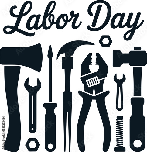 Labor Day Celebration with Tools Silhouette a tribute to the working class featuring an axe wrench screwdriver hammer pliers and other essential tools for various