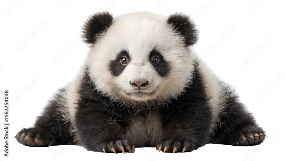 Naklejka premium Adorable giant panda cub sitting and looking directly at the camera with intense focus isolated on transparent background