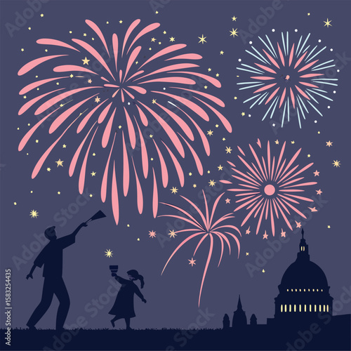 Black silhouette vector of fireworks exploding in the sky. Perfect for festive invitations, holiday celebrations, New Year designs, party graphics, patriotic themes, night scenes.