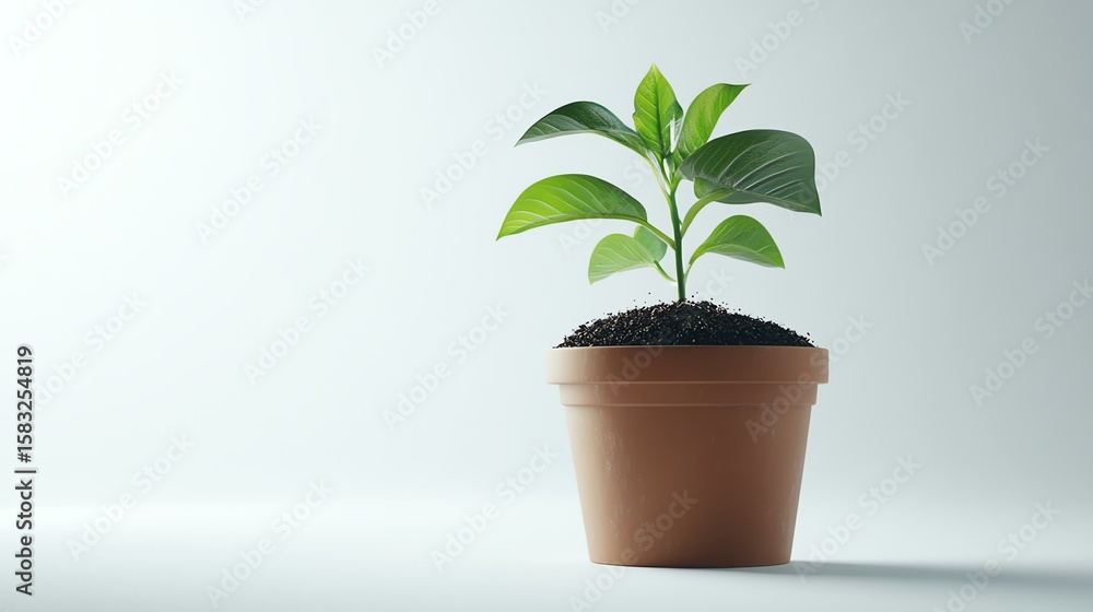 Fototapeta premium small plant pot with visible soil, bright white background, productinuse concept, clean product focus