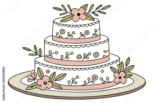 Illustration of a three tiered wedding cake decorated with flowers and leaves on a plate design element