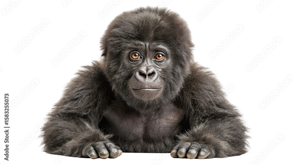 Fototapeta premium A young gorilla with intelligent amber eyes and dark fur rests its paws forward looking directly at the camera isolated on transparent background