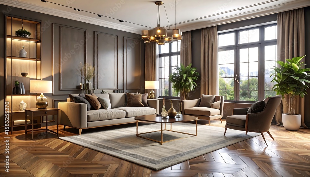 Fototapeta premium Elegant Living Room Interior with Natural Light and Cozy Furniture