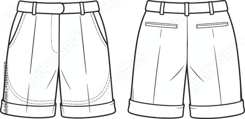 Classic Women's Pleated Cuffed Bermuda Shorts Flat Technical Fashion Drawing, Front and Back Views, Versatile Summer Apparel Vector Illustration