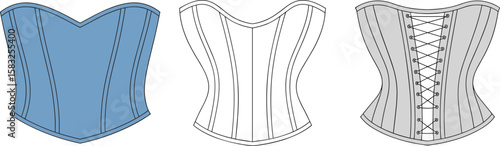 Corset vector fashion sketch, front and back view, elegant bustier top design, sewing pattern, lingerie drawing, garment template
