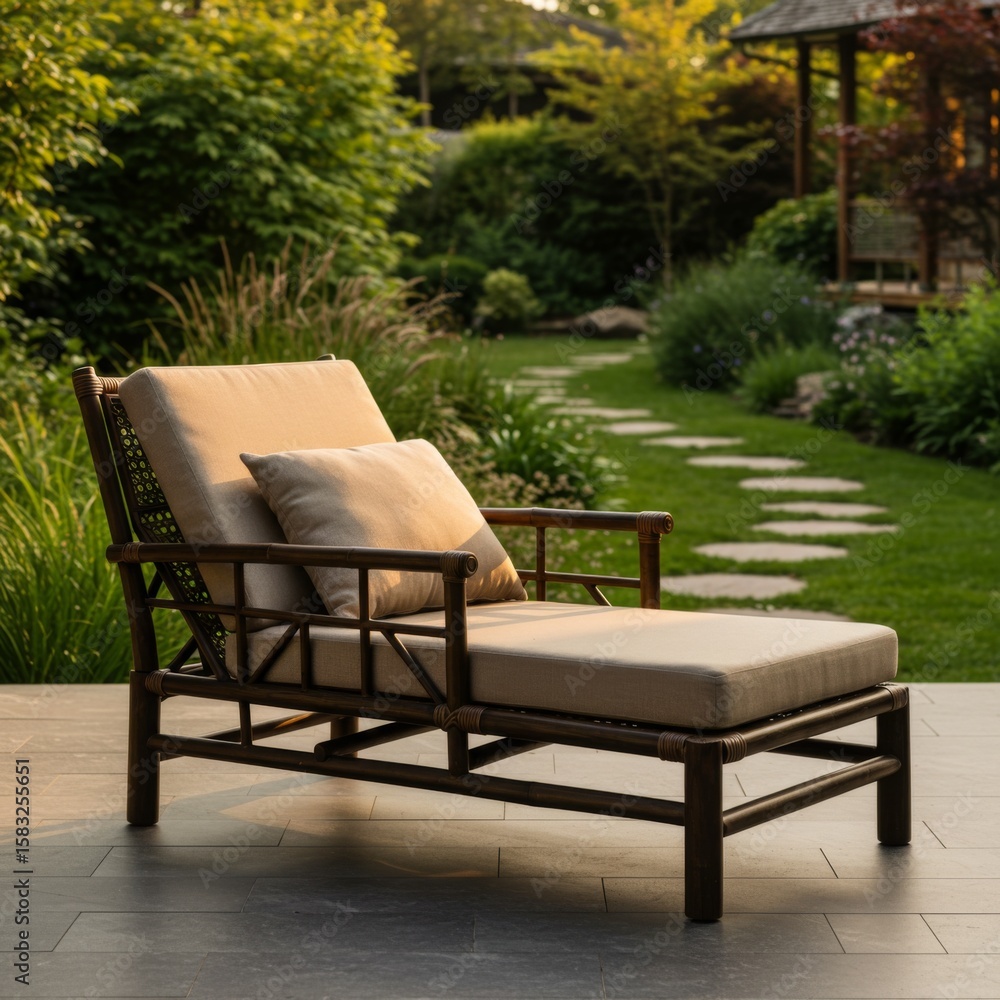 Fototapeta premium Beige Cushioned Bamboo Chaise Lounge on Stone Patio in Garden
