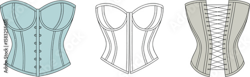 Corset vector fashion sketch, front and back views, detailed bustier top, elegant lingerie design, sewing pattern, garment template, illustration