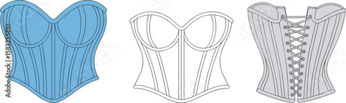Corset vector fashion sketch, front and back view, strapless bustier top design, sewing template, lingerie pattern, garment drawing