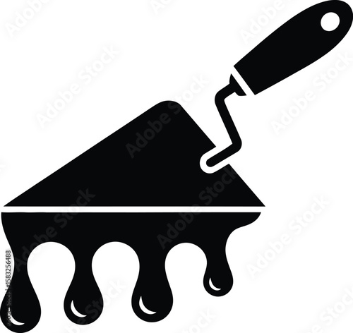 Trowel with Dripping Mortar or Cement Construction and Building Tool Vector Icon Black Silhouette on White Background Symbol for Masonry Plastering or Repair Services