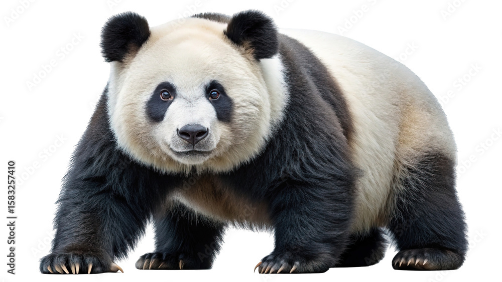 Obraz premium A full body portrait of a giant panda bear standing and looking directly at the camera with its distinctive black and white markings isolated on transparent background