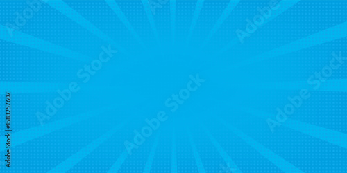 Comic background. Pop art texture. Starburst cartoon style. Anime design with explosion effect for print. Fun dot pattern. Blue backdrop with halftone gradient eps10.