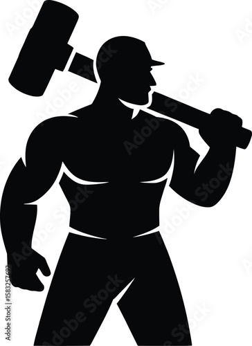 Silhouette of a muscular construction worker holding a large sledgehammer over his shoulder symbolizing strength power and the construction or demolition industry in a bold
