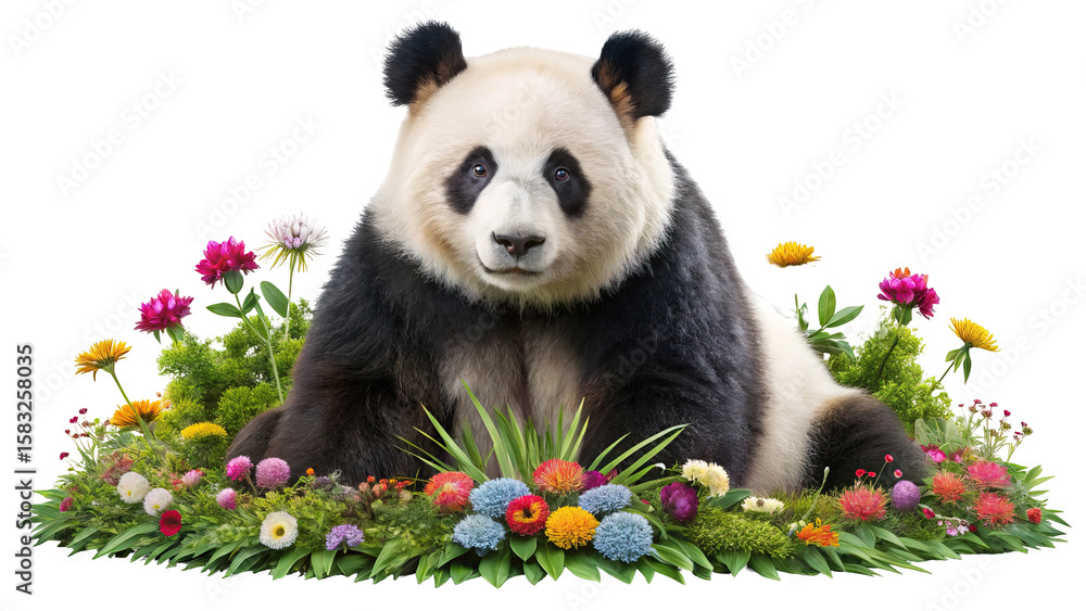 Fototapeta premium A gentle giant panda sits peacefully surrounded by a vibrant and colorful array of wildflowers and lush green foliage isolated on transparent background