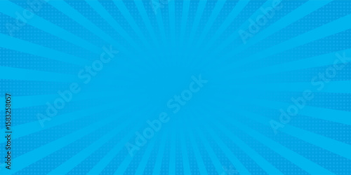Comic background. Pop art texture. Starburst cartoon style. Anime design with explosion effect for print. Fun dot pattern. Blue backdrop with halftone gradient eps10.