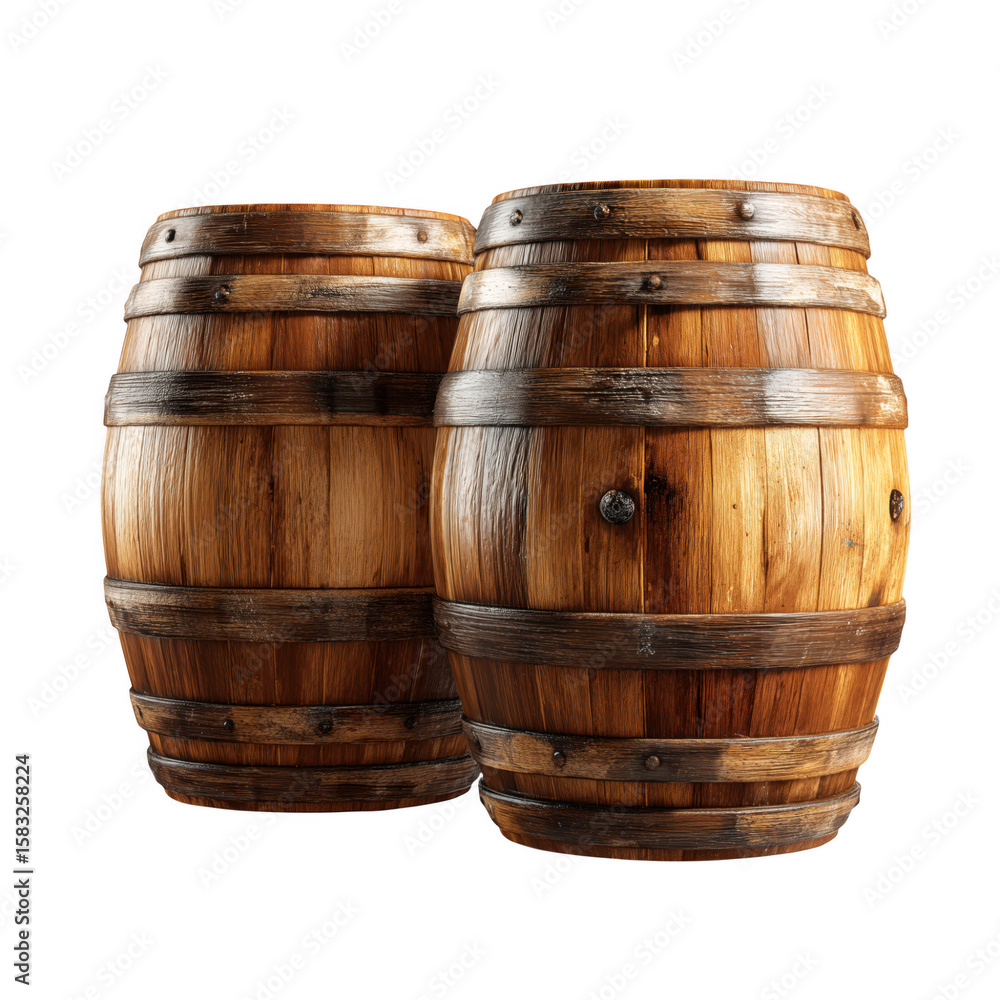 Fototapeta premium Two detailed wooden wine barrels on a transparent background showcasing craftsmanship and heritage