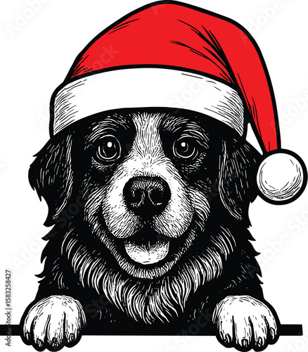 Bernese mountain dog with christmas hat peeking vector black silhouette print design