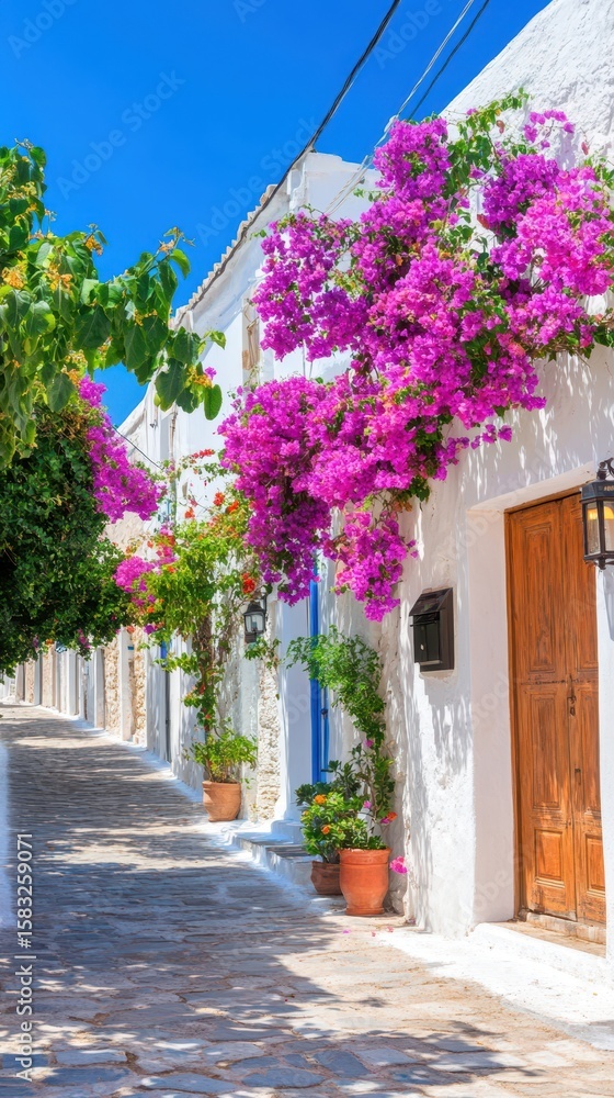 Naklejka premium Bougainvillea Adorned Alley: A picturesque alley is brought to life by vibrant bougainvillea flowers cascading down the whitewashed building, set against a striking blue sky