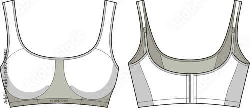 sports bra, activewear, women’s fitness bra, seamless support, fashion flat sketch, technical drawing, workout top, stylish design, apparel vector