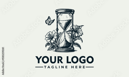 Vintage-style hourglass logo design, surrounded by flowers and butterflies, representing time and nature.