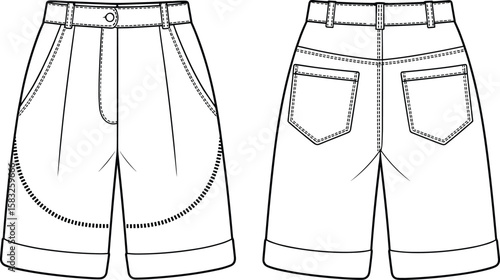 Stylish Women's High-Waisted Bermuda Shorts Flat Sketch Technical Drawing for Fashion Design, Casual Summer Apparel Vector Illustration with Front and Back Views