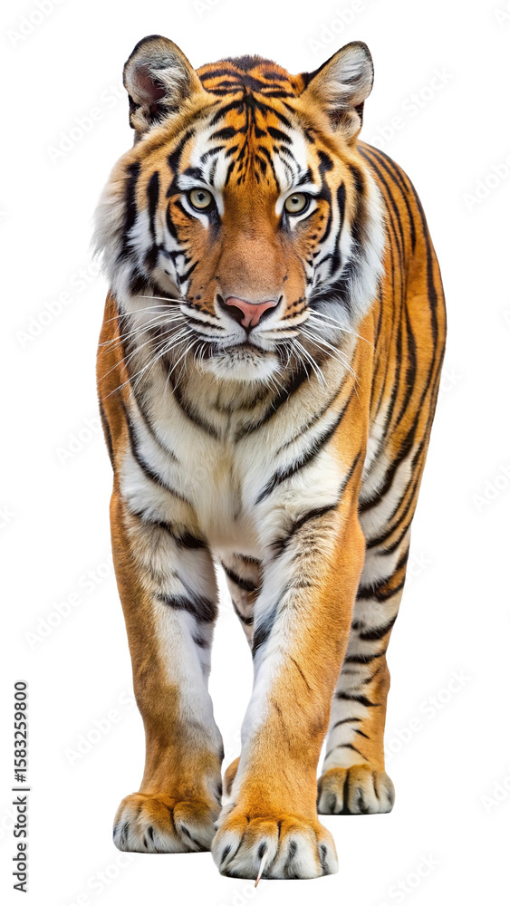 Obraz premium Majestic bengal tiger walking forward with intense gaze and striking orange and black fur isolated on transparent background
