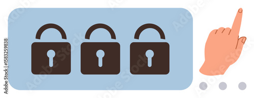 Three locked padlocks in a row with a hand pointing at a selection interface. Ideal for cybersecurity, password encryption, online security, privacy, login systems, digital safety, simple flat