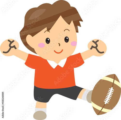 ラグビーボールを蹴る笑顔の男の子のイラスト