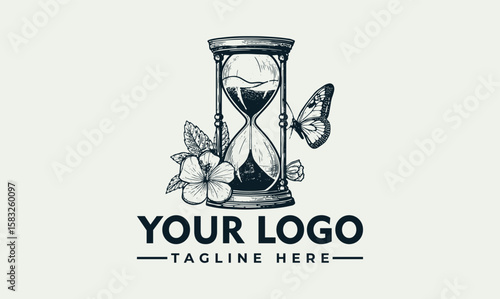 Elegant hourglass logo design, featuring floral elements and a butterfly, symbolizing time's passage and beauty.