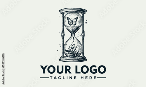 An artistic hourglass illustration featuring a butterfly and floral elements, representing time.