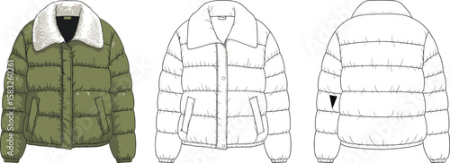Winter puffer jacket technical flat sketch, fur collar coat design, vector CAD drawing, front and back view, garment illustration