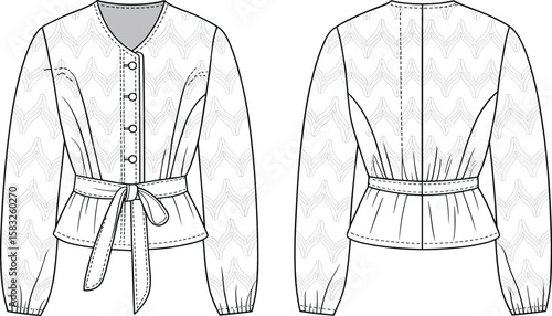 Women blouse, belted waist, front back view, fashion flat sketch, button closure, long sleeve top, detailed technical drawing